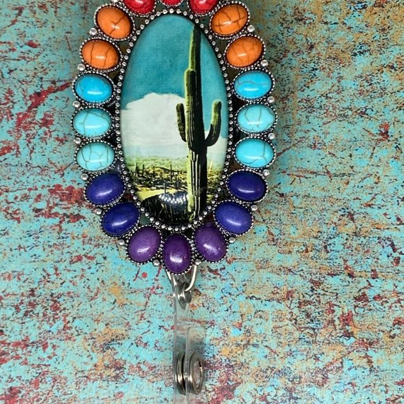 Saguaro Cactus Western Turquoise ID Badge Holder - Picture 3 of 9